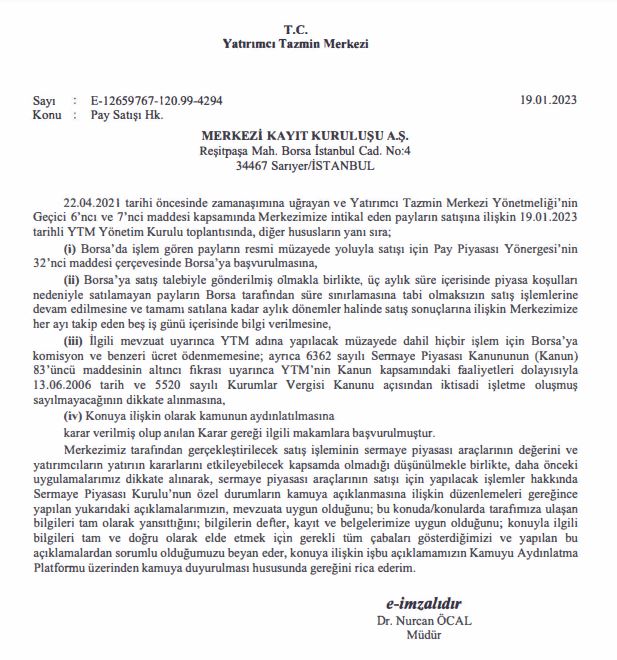 Yatırımcı Tazmin Merkezi'nden hisse satışı ile ilgili duyuru HABERLER, Gündemdekiler, Piyasa Haberleri Rota Borsa