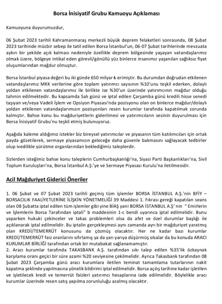 Borsa İnisiyatif Grubu, borsada yaşanan gelişmelere ilişkin önerilerini açıkladı | Rota Borsa Borsa İnisiyatif Grubu, borsada yaşanan gelişmelere ilişkin önerilerini açıkladı | Rota Borsa