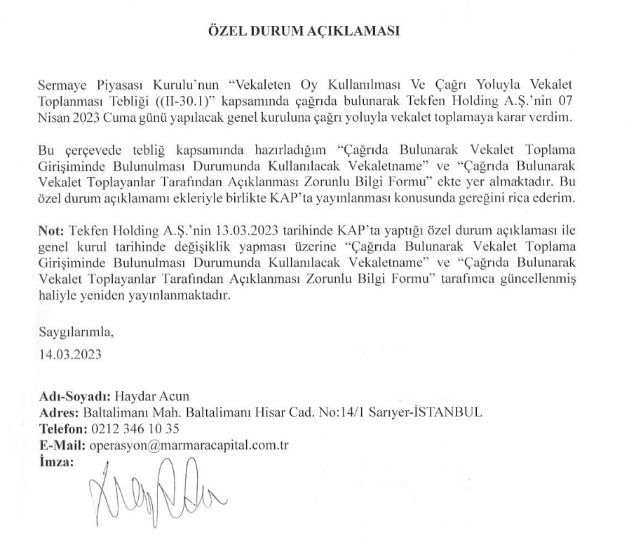 Haydar Acun'dan Tekfen Genel Kurulu çağrısı | Rota Borsa Haydar Acun'dan Tekfen Genel Kurulu çağrısı | Rota Borsa