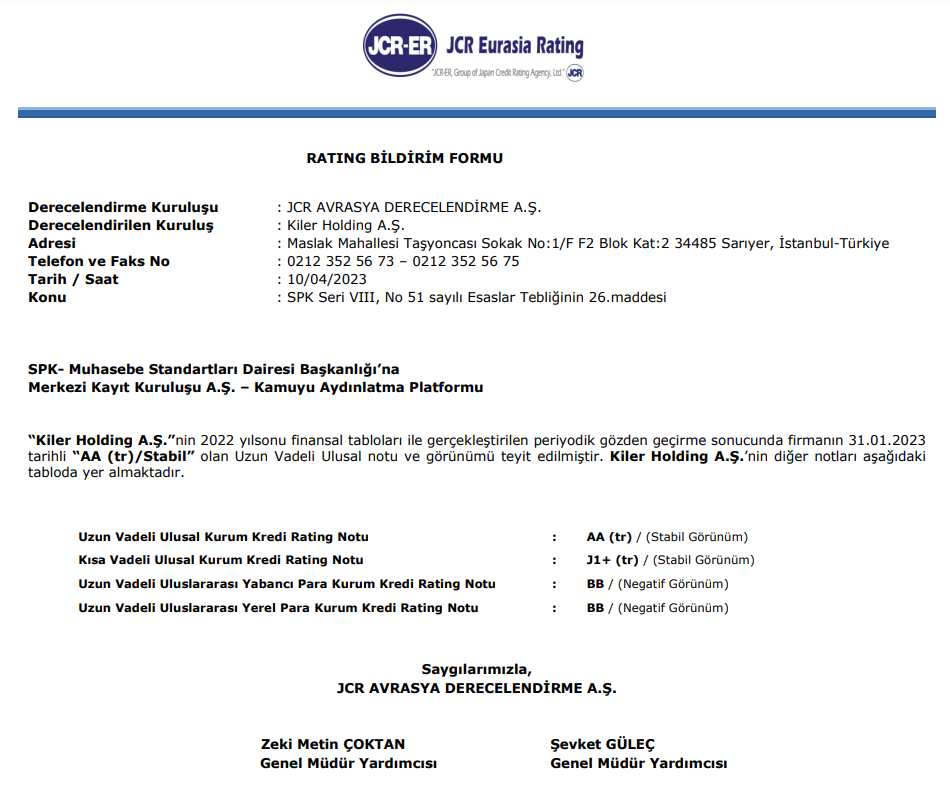 JCR Avrasya Kiler Holding kredi derecelendirme raporunu yayımladı kiler holding kap haberleri Rota Borsa