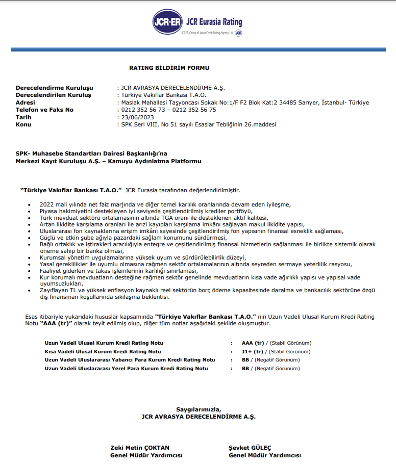 Vakıfbank kredi derecelendirme raporu yayınlandı | Rota Borsa