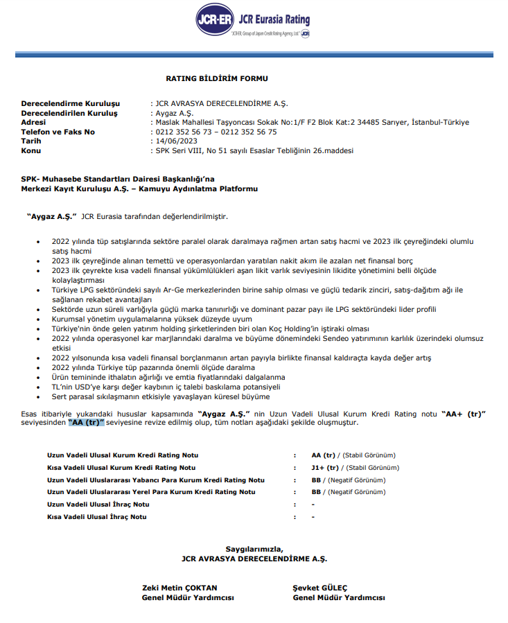 Aygaz kredi derecelendirme notu açıklandı! | Rota Borsa