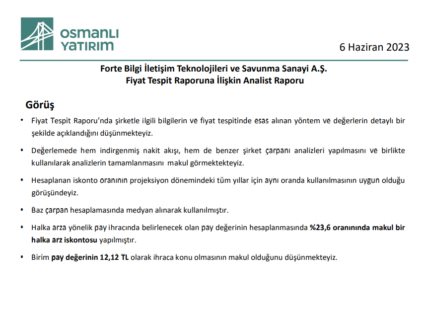 Osmanlı Yatırım’dan Forte halka arz fiyatı yorumu HABERLER, Gündemdekiler, Şirket Haberleri Rota Borsa