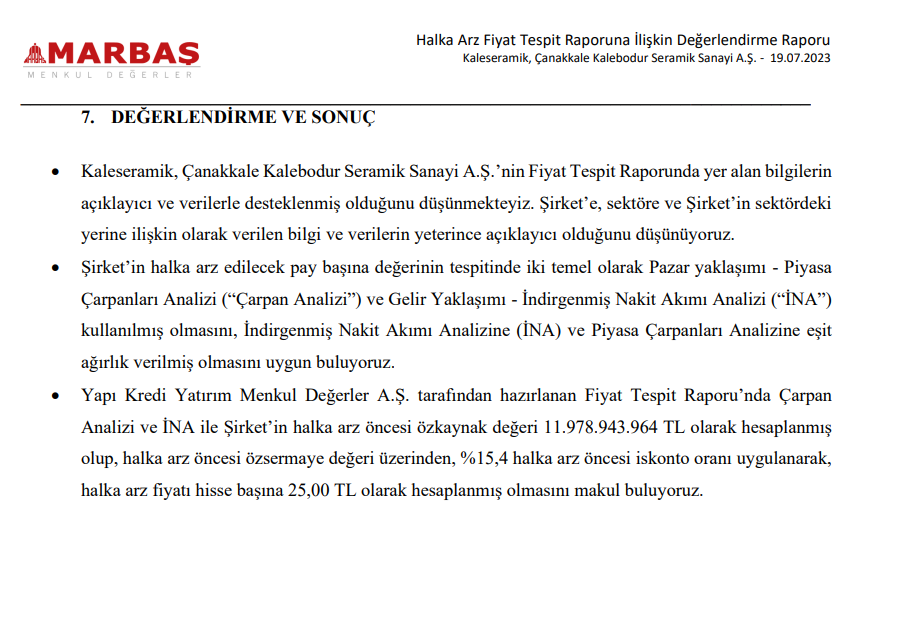 Marbaş Menkul'den Kale Seramik (KLSER) halka arz fiyatı yorumu | Rota Borsa