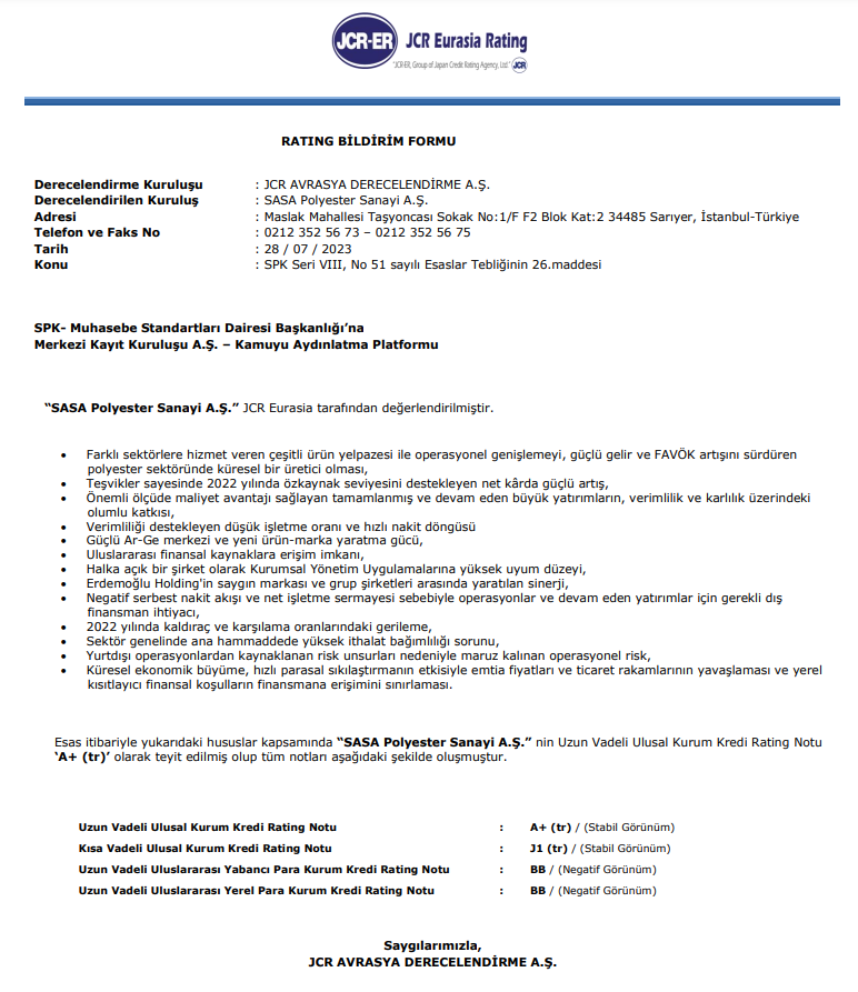 SASA Polyester kredi derecelendirme notu açıklandı! | Rota Borsa