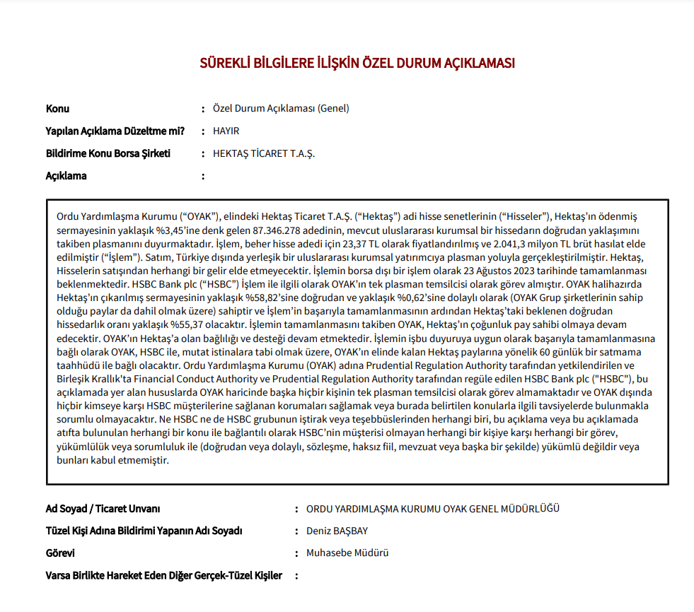 OYAK'tan Hektaş'ta hisse satış açıklaması! Gündemdekiler, Şirket Haberleri Rota Borsa