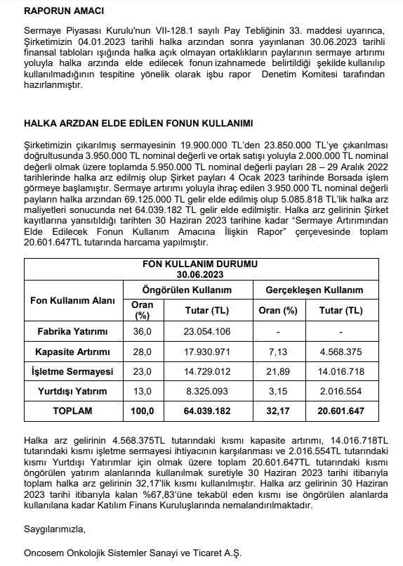 Oncosem halka arzdan elde edilen gelirin kullanım yerini açıkladı | Rota Borsa