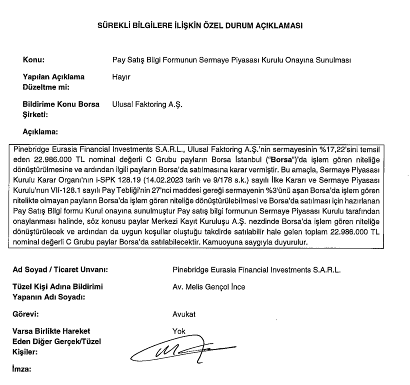 PineBridge Eurasia'dan Ulusal Faktoring'de hisse satış başvurusu | Rota Borsa