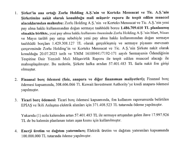 Zorlu Enerji bedelli sermaye artırımından elde edilecek gelirin kullanım yerlerini açıkladı! HABERLER, Gündemdekiler, Şirket Haberleri Rota Borsa