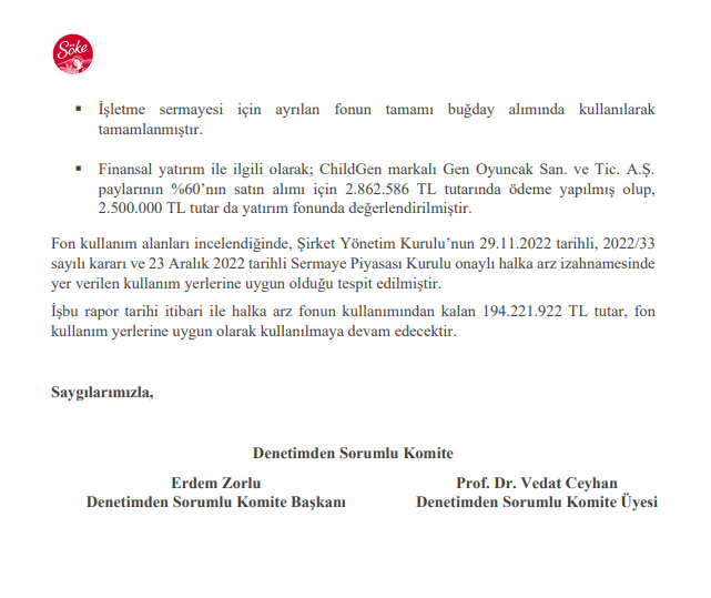 Söke Un halka arz gelirinin kullanım yerlerini açıkladı! HABERLER, Gündemdekiler, Şirket Haberleri Rota Borsa