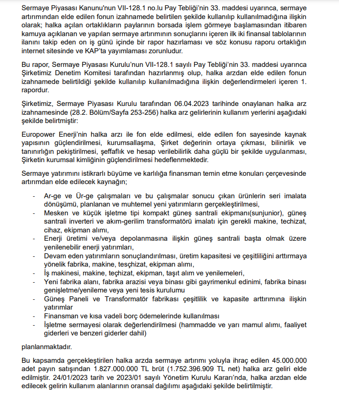 Europower Enerji halka arz gelirinin kullanım yerlerini açıkladı! HABERLER, Gündemdekiler, Şirket Haberleri Rota Borsa