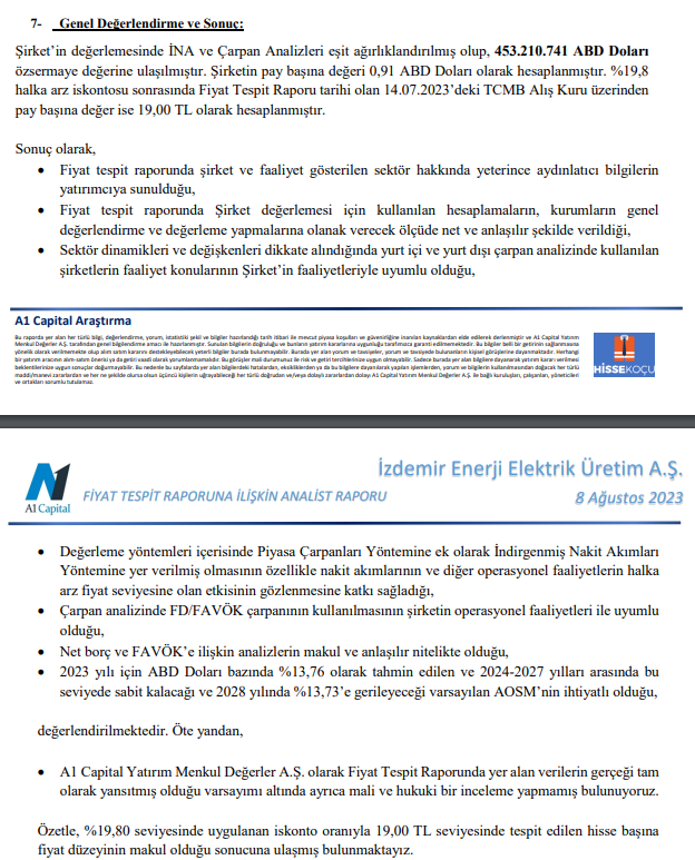 A1 Capital'den İzdemir Enerji (IZENR) halka arz fiyatı yorumu HABERLER, Gündemdekiler, HALKA ARZ ONAYI ALAN ŞİRKETLER, Şirket Haberleri Rota Borsa