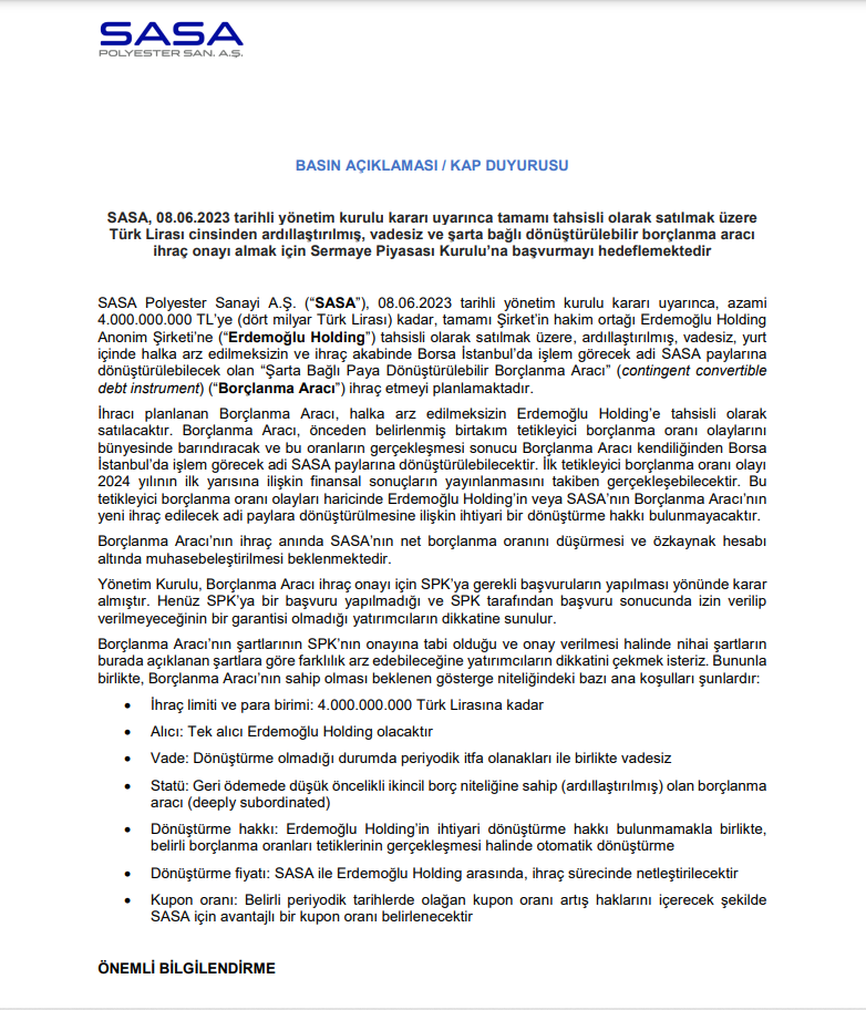 SASA Polyester'den dev borçlanma kararı! | Rota Borsa