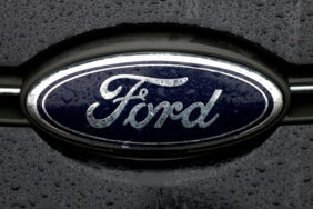 FILE PHOTO: The Ford logo is pictured at the Ford Motor Co plant in Genk