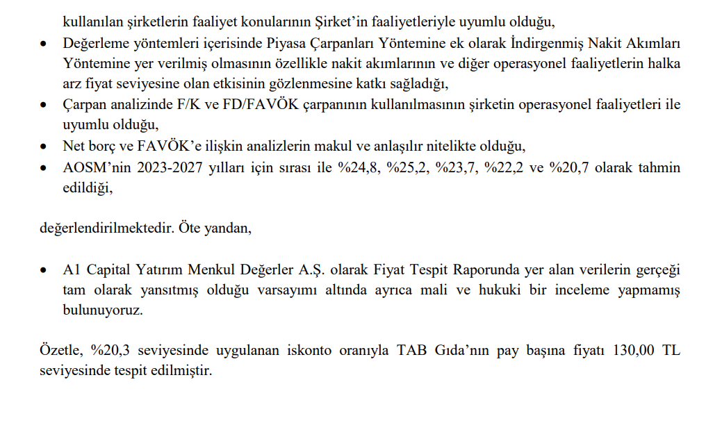 A1 Capital'den TAB Gıda (TABGD) halka arz fiyatı değerlendirmesi | Rota Borsa