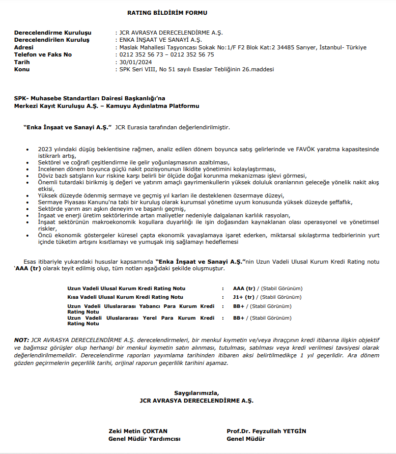 Enka İnşaat (ENKAI) kredi derecelendirme notu açıklandı! | Rota Borsa