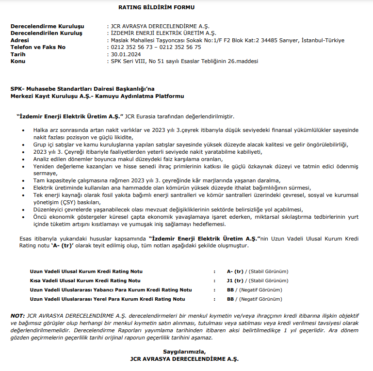 İzdemir Enerji (IZENR) kredi derecelendirme notu açıklandı! HABERLER, Gündemdekiler, Şirket Haberleri Rota Borsa