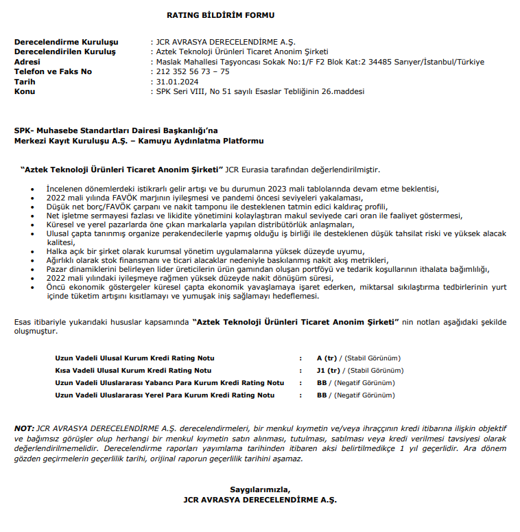 Aztek Teknoloji kredi derecelendirme notu açıklandı! | Rota Borsa