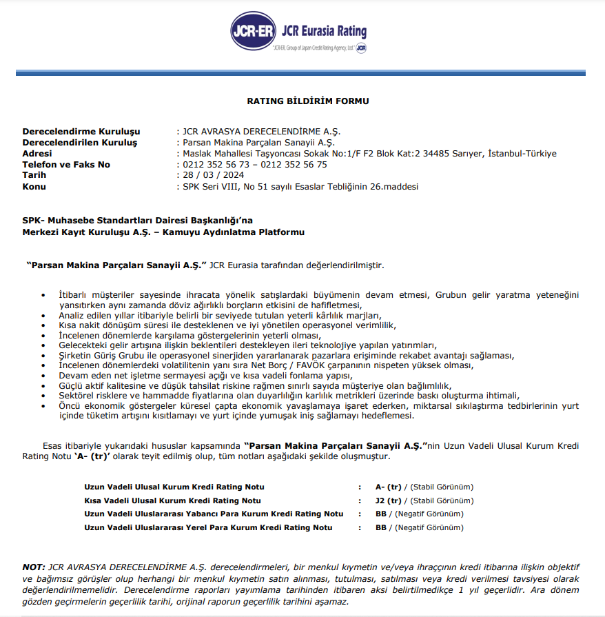 Parsan Makina (PARSN) kredi derecelendirme notu açıklandı! | Rota Borsa