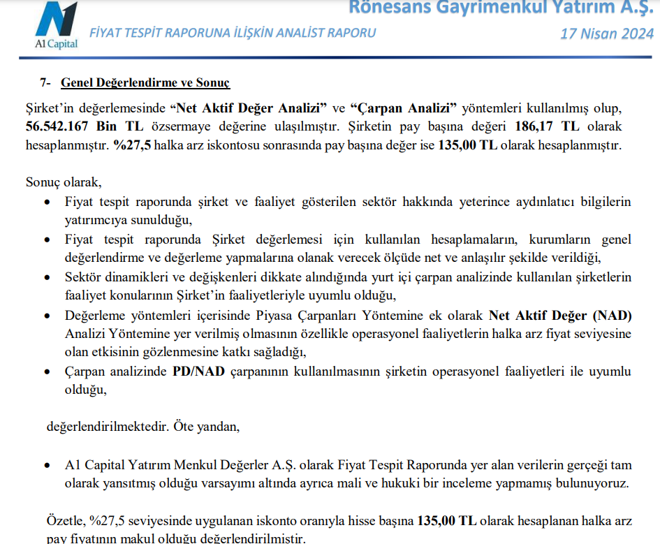 A1 Capital'den Rönesans Gayrimenkul (RGYAS) halka arz fiyatı yorumu HABERLER, Gündemdekiler, Şirket Haberleri Rota Borsa