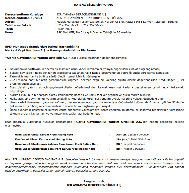 Alarko GYO (ALGYO) kredi derecelendirme notu açıklandı! HABERLER, Gündemdekiler, Şirket Haberleri Rota Borsa