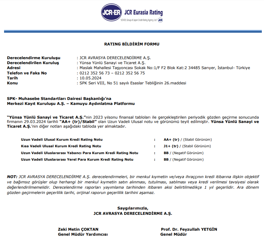 Yünsa kredi derecelendirme notu açıklandı! yunsa hisse yorum Rota Borsa