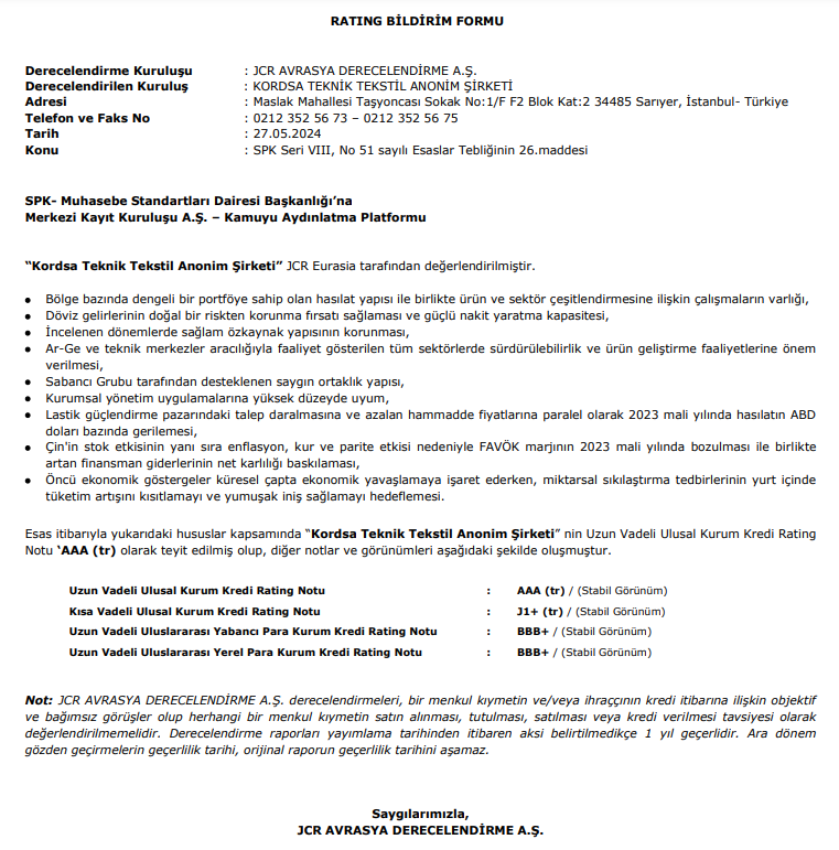 Kordsa (KORDS) kredi derecelendirme notu açıklandı! | Rota Borsa