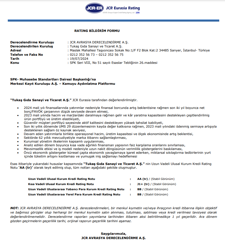 Tukaş Gıda (TUKAS) kredi derecelendirme notu açıklandı! HABERLER, Gündemdekiler, Şirket Haberleri Rota Borsa