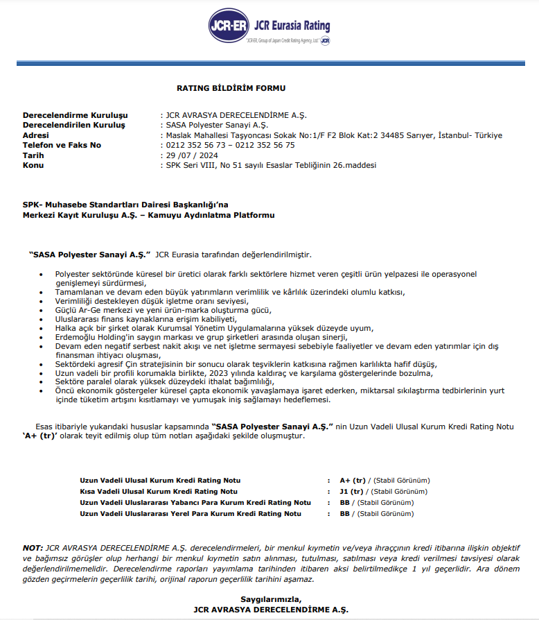 SASA Polyester (SASA) kredi derecelendirme notu açıklandı! HABERLER, Gündemdekiler, Şirket Haberleri Rota Borsa