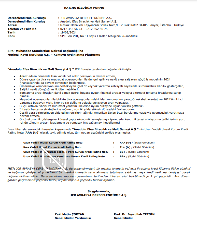 Anadolu Efes (AEFES) kredi derecelendirme notu açıklandı! | Rota Borsa