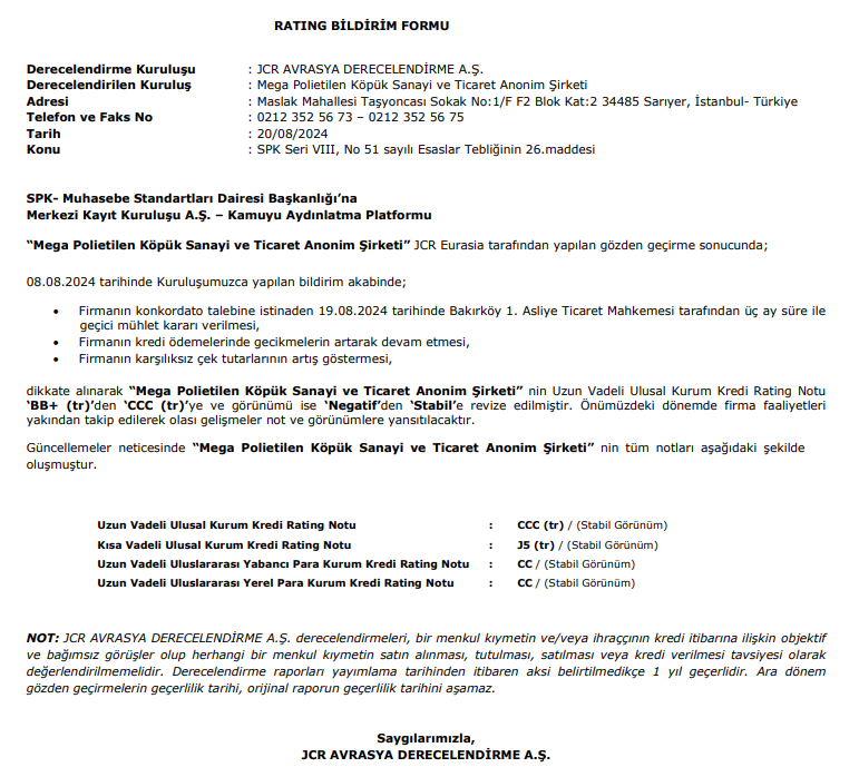 Mega Polietilen (MEGAP) kredi derecelendirme notu açıklandı! | Rota Borsa