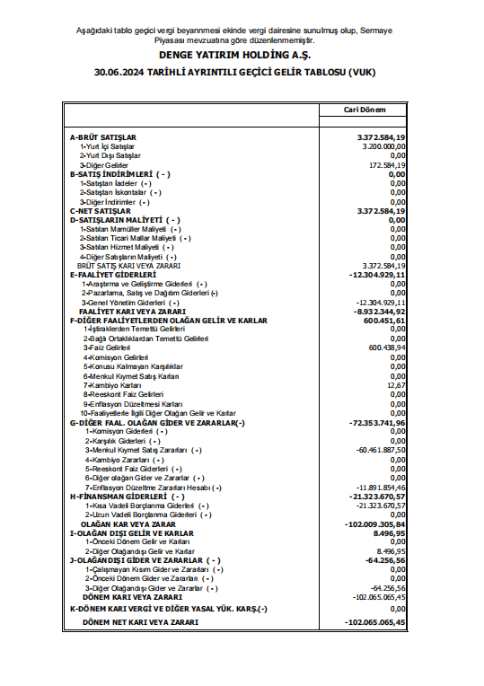 Denge Yatırım Holding (DENGE) VUK kayıtlarında geçen net zararını açıkladı! | Rota Borsa