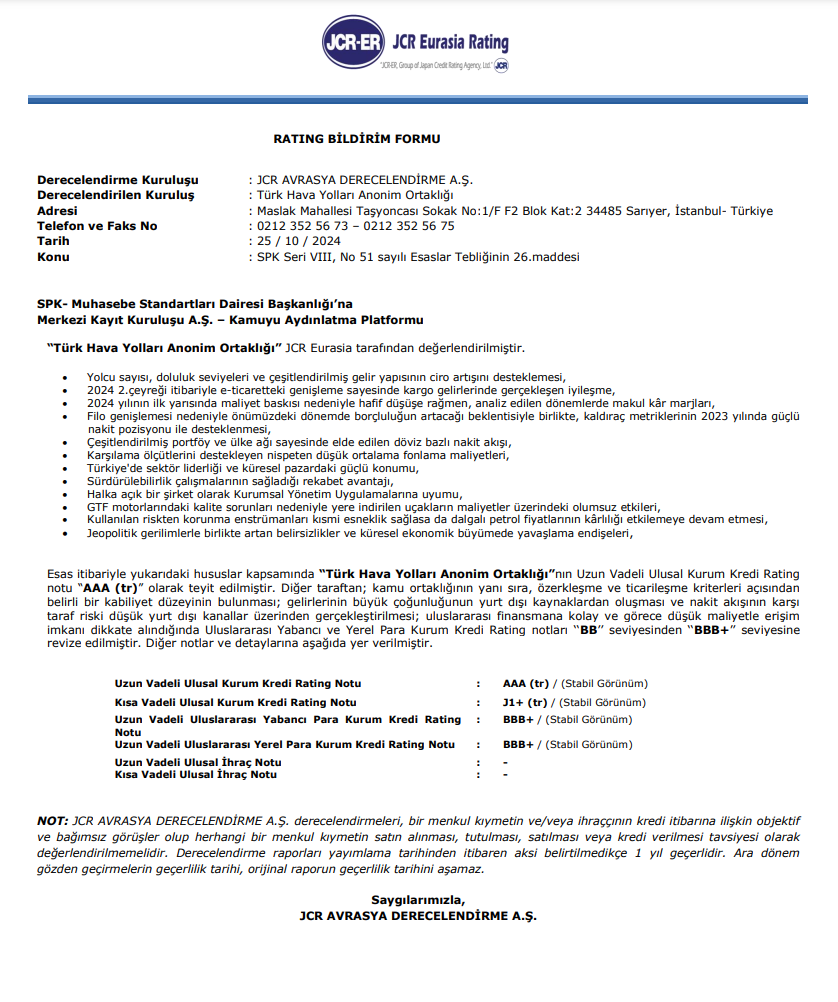 Türk Hava Yolları (THY) kredi derecelendirme notu açıklandı | Rota Borsa
