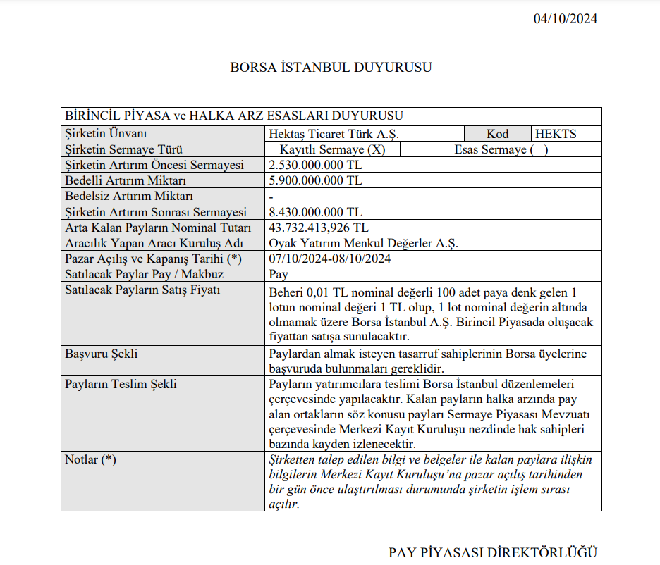 Borsa İstanbul'dan Hektaş (HEKTS) duyurusu HABERLER, Gündemdekiler, Şirket Haberleri Rota Borsa