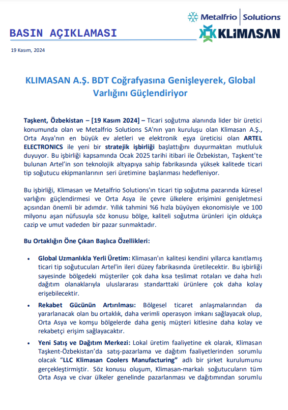 Klimasan’dan (KLMSN) Artel Electronics işbirliğine dair basın açıklaması HABERLER, Gündemdekiler, Şirket Haberleri Rota Borsa