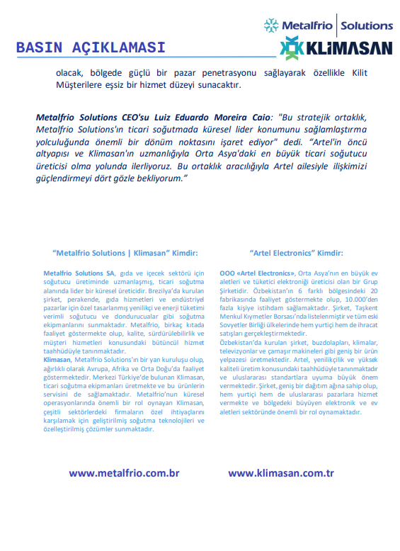 Klimasan’dan (KLMSN) Artel Electronics işbirliğine dair basın açıklaması HABERLER, Gündemdekiler, Şirket Haberleri Rota Borsa