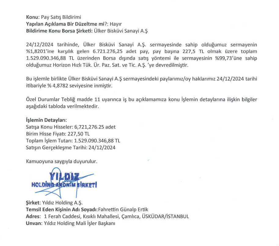 Yıldız Holding'den Ülker Bisküvi’de (ULKER) hisse devri açıklaması HABERLER, Gündemdekiler, Şirket Haberleri Rota Borsa