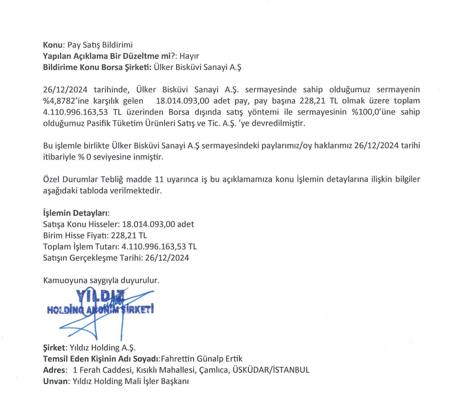 Yıldız Holding’den Ülker Bisküvi’de (ULKER) hisse devri açıklaması | Rota Borsa