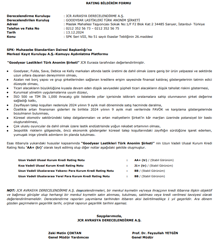 Goodyear (GOODY) kredi derecelendirme notu açıklandı HABERLER, Gündemdekiler, Şirket Haberleri Rota Borsa
