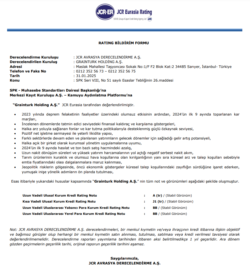 Graintürk Holding (GRTHO) kredi derecelendirme notu açıklandı HABERLER, Gündemdekiler, Şirket Haberleri Rota Borsa