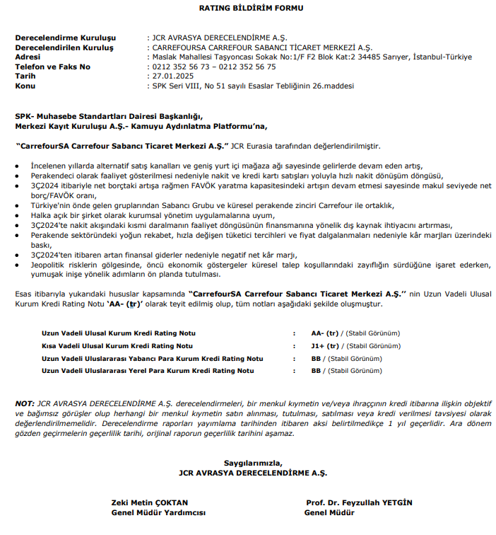 Carrefoursa (CRFSA) kredi derecelendirme notu açıklandı HABERLER, Gündemdekiler, Şirket Haberleri Rota Borsa