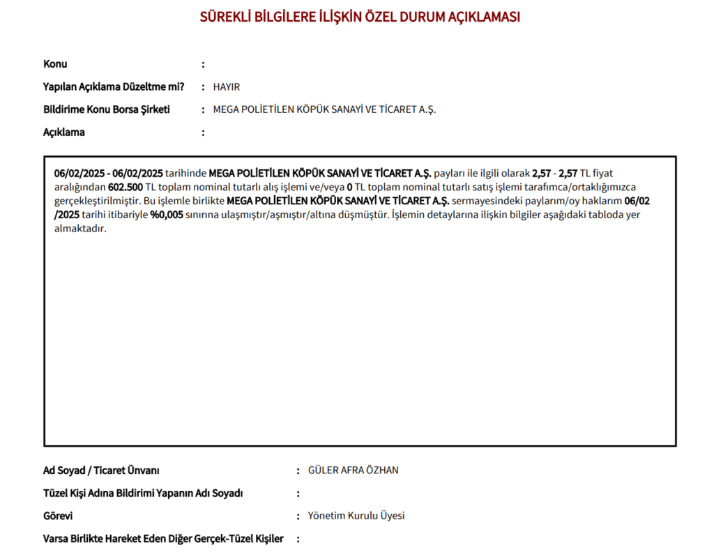 Mega Polietilen (MEGAP) Yönetim Kurulu üyesinden hisse alış açıklaması Gündemdekiler, HABERLER, Şirket Haberleri Rota Borsa