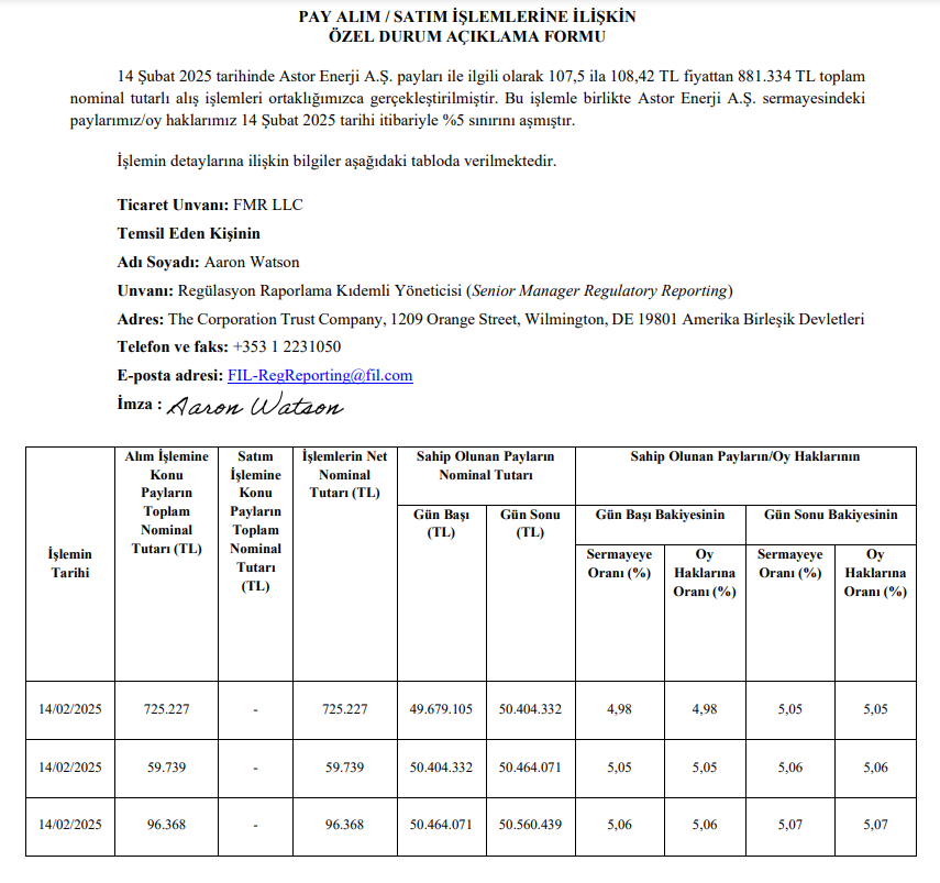 ABD'li şirketten Astor Enerji’de (ASTOR) hisse alış açıklaması | Rota Borsa