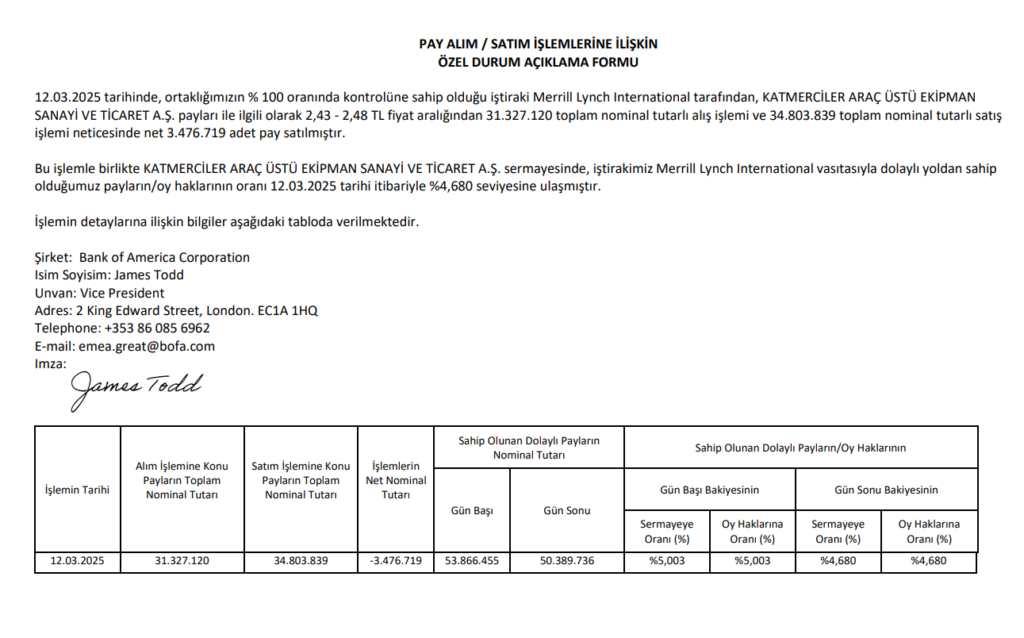 Bank of America’dan Katmerciler Ekipman'da (KATMR) hisse satış açıklaması HABERLER, Gündemdekiler, Şirket Haberleri Rota Borsa