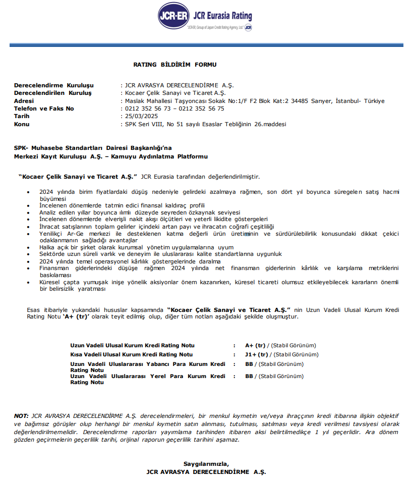 Kocaer Çelik hisse notları