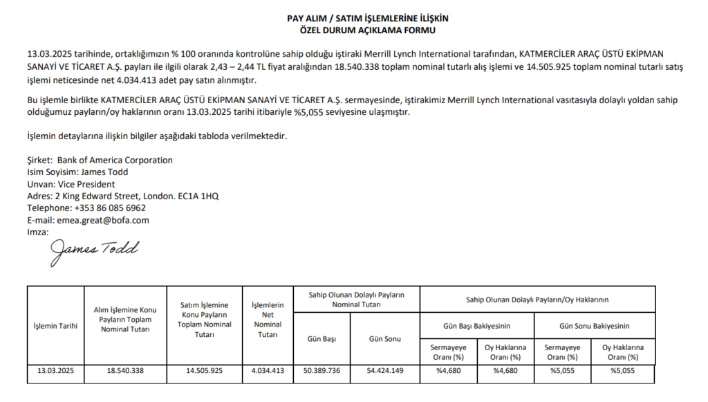 Bank of America’dan Katmerciler Ekipman'da (KATMR) hisse satış açıklaması HABERLER, Gündemdekiler, Şirket Haberleri Rota Borsa