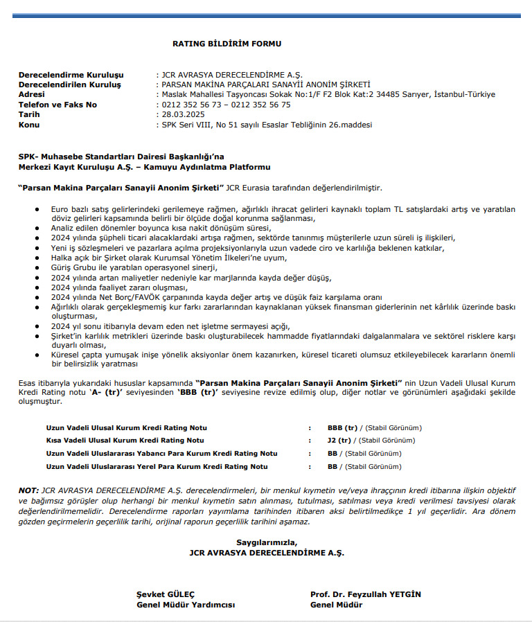 Parsan Makina (PARSN) kredi derecelendirme notu açıklandı | Rota Borsa