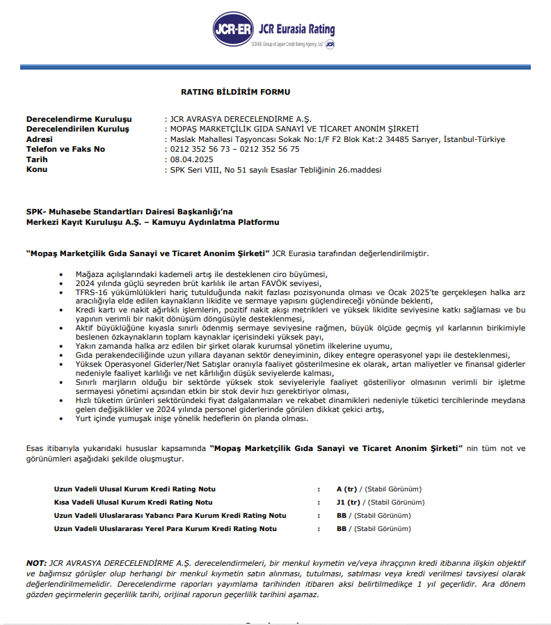 Mopaş Marketçilik kredi notları detayları