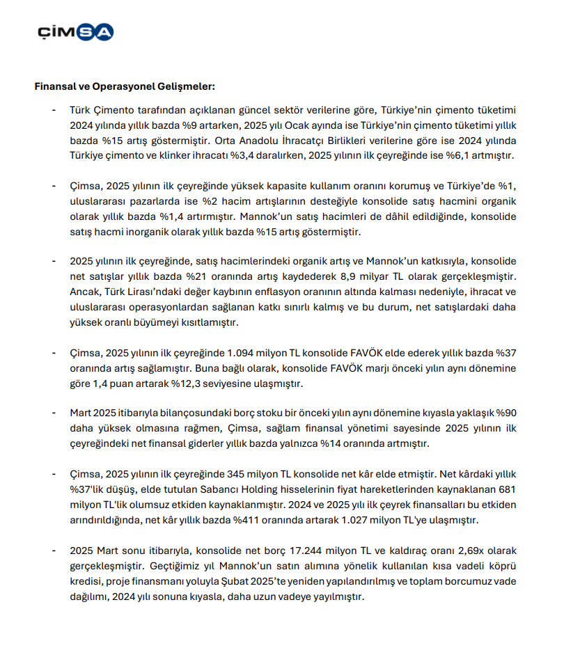 Çimsa Çimento'dan (CIMSA) yatırımcı bilgilendirme bülteni | Rota Borsa Çimsa Çimento'dan (CIMSA) yatırımcı bilgilendirme bülteni | Rota Borsa