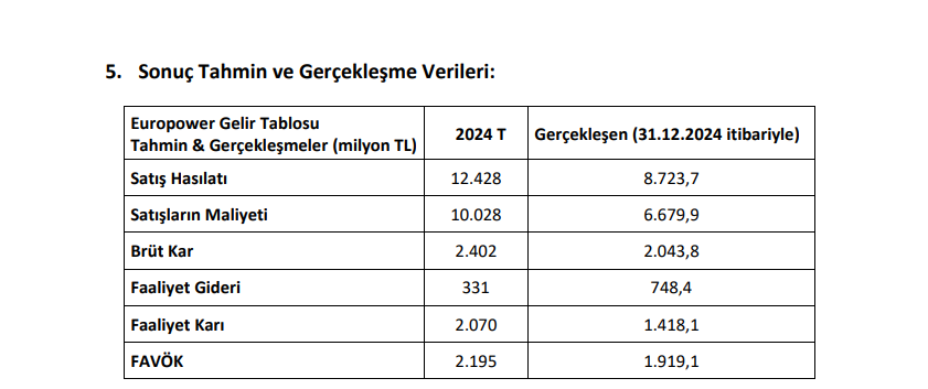 Europower Enerji bilanço tablosu